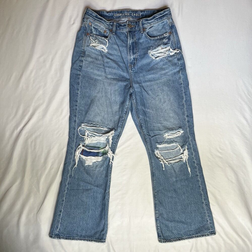 American Eagle Womens Jeans 10 31x27 Highest Rise 90s Flare Blue Denim Stretch